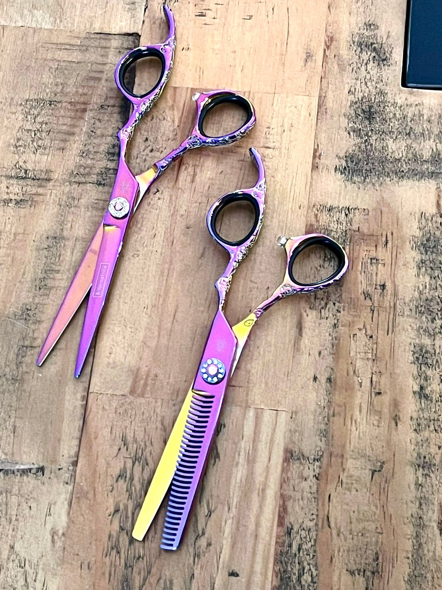 yoi Scissor Sets 5.5 Scissor +  6" Softcut Text Purple tattoo Jewel scissor or  set 5.5 - 6 inch