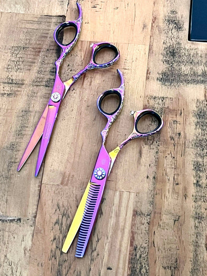 yoi Scissor Sets 5.5 Scissor +  6" Softcut Text Purple tattoo Jewel scissor or  set 5.5 - 6 inch